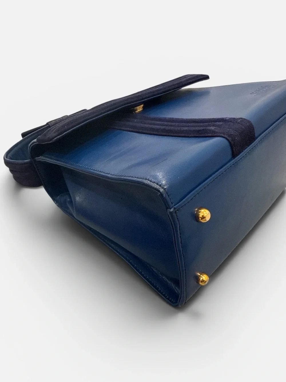 Vintage Gianni Versace blue leather top handle bag ribbon bow